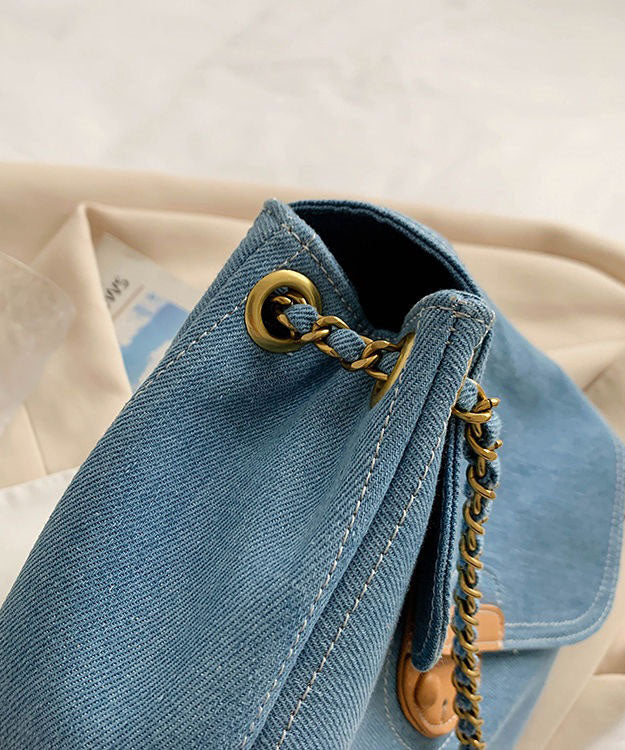 Unique Denim Blue Patchwork Chain Canvas Satchel Handbag