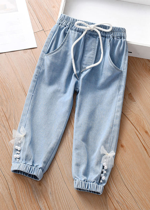 Unique Denim Blue Tie Waist Nail Bead Kids Harem Pants Spring