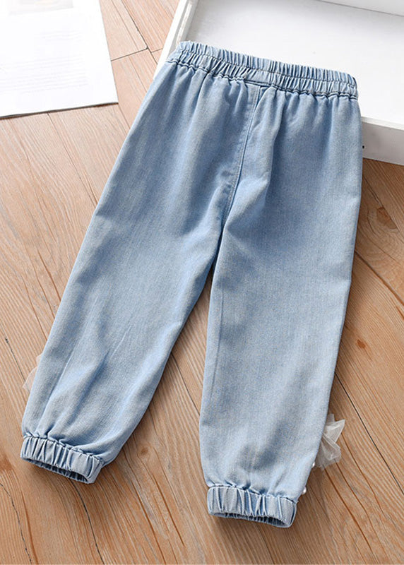 Unique Denim Blue Tie Waist Nail Bead Kids Harem Pants Spring