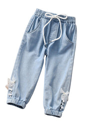 Unique Denim Blue Tie Waist Nail Bead Kids Harem Pants Spring