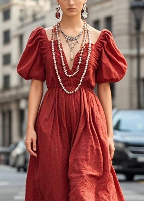 Unique Dull Red Wrinkled Exra Large Hem Cotton Long Dress Summer