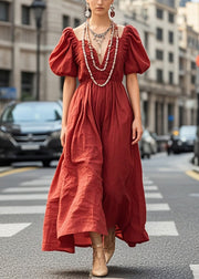 Unique Dull Red Wrinkled Exra Large Hem Cotton Long Dress Summer