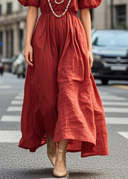 Unique Dull Red Wrinkled Exra Large Hem Cotton Long Dress Summer