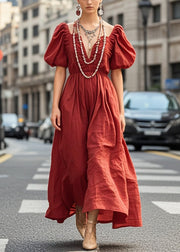 Unique Dull Red Wrinkled Exra Large Hem Cotton Long Dress Summer