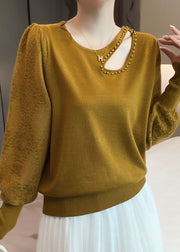 Unique Earth Yellow Hollow Out Nail Bead Wool Knit Top Long Sleeve