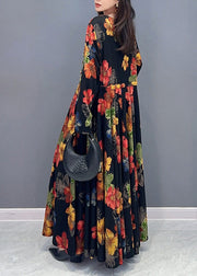 Unique Floral O Neck Wrinkled Patchwork Cotton Long Dress Fall