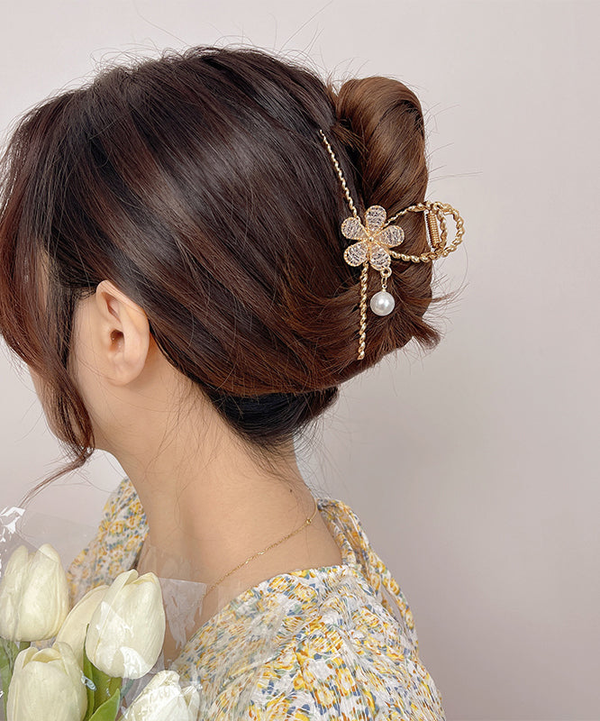 Unique Gold Alloy Zircon Floral Pearl Tassel Hairpin