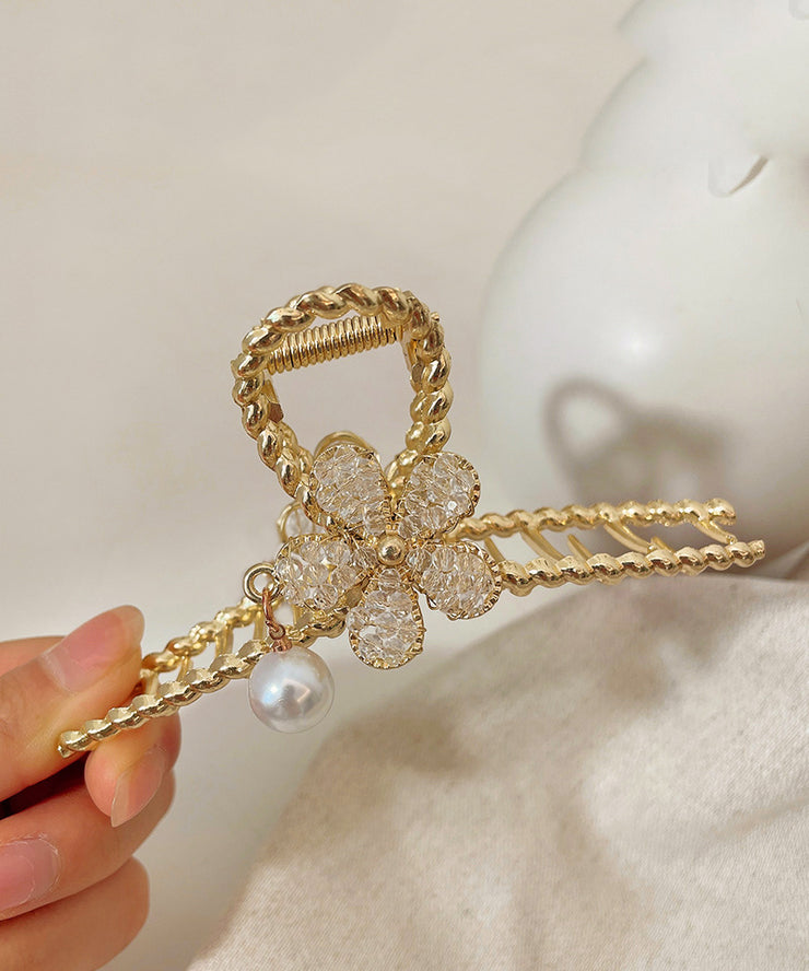 Unique Gold Alloy Zircon Floral Pearl Tassel Hairpin