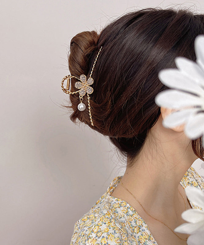 Unique Gold Alloy Zircon Floral Pearl Tassel Hairpin