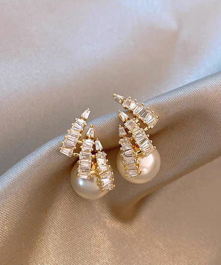 Unique Gold Copper Alloy Zircon Pearl Stud Earrings