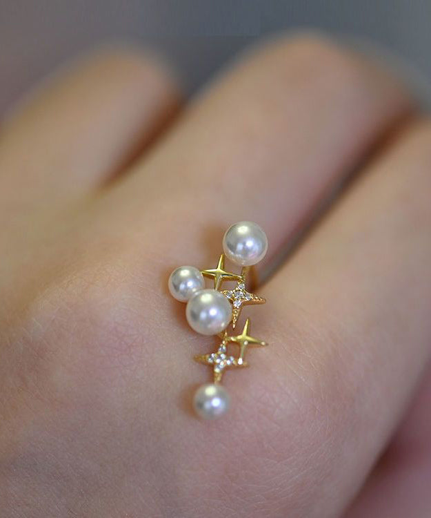 Unique Gold Sterling Silver Overgild Pearl Star Stud Earrings