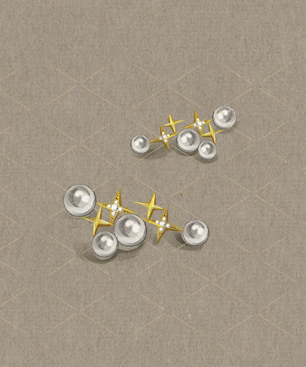 Unique Gold Sterling Silver Overgild Pearl Star Stud Earrings