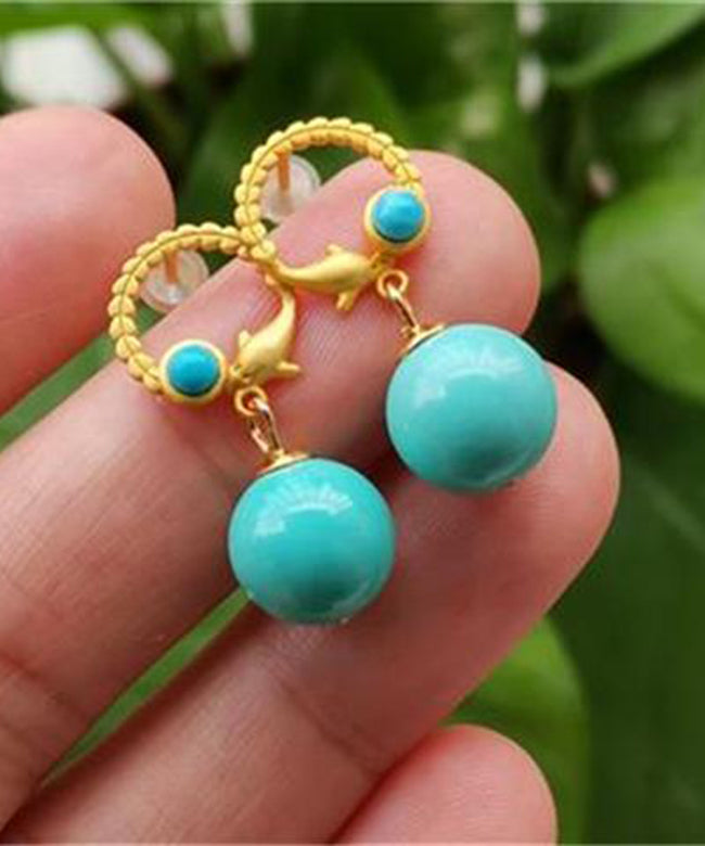 Unique Gold Sterling Silver Overgild Turquoise Drop Earrings