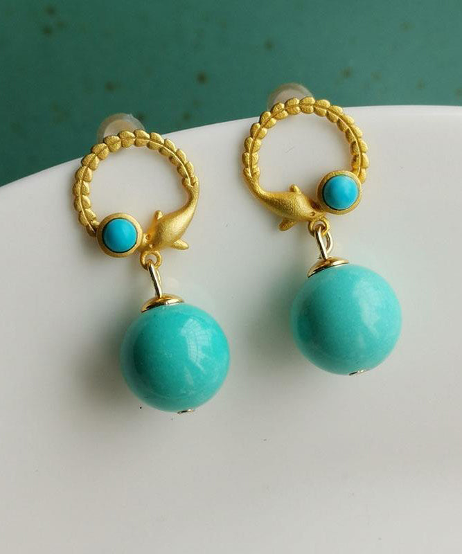 Unique Gold Sterling Silver Overgild Turquoise Drop Earrings