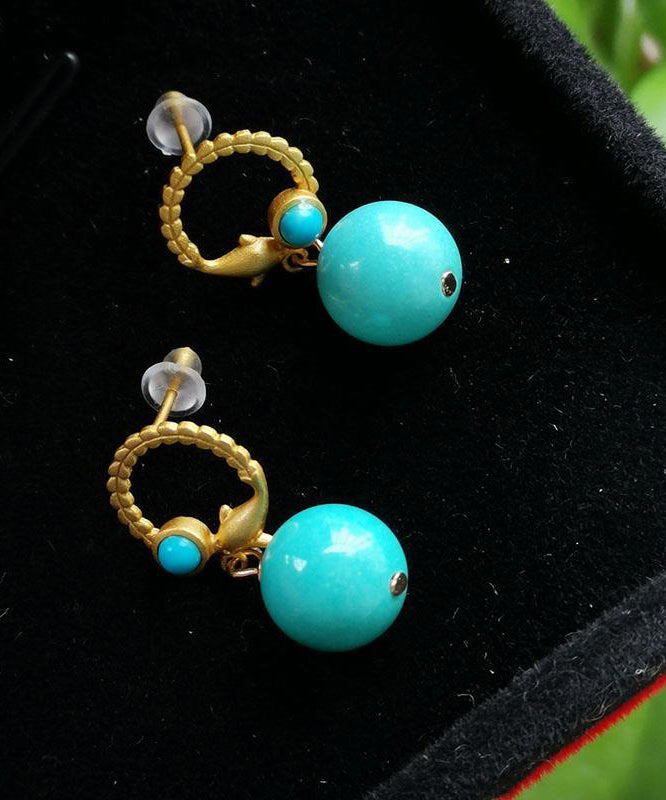 Unique Gold Sterling Silver Overgild Turquoise Drop Earrings