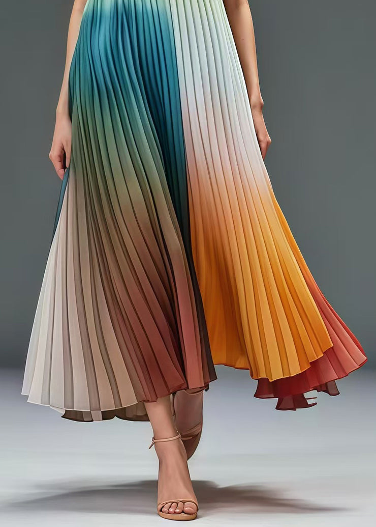 Unique Gradient Color Ruffles Cold Shoulder Chiffon Pleated Dress Summer