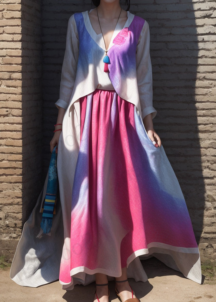 Unique Gradient Color V Neck Patchwork Silk Long Dresses Summer