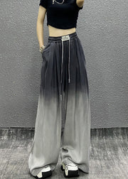 Unique Gradient Grey Pockets Drawstring Cotton Wide Leg Pants Fall