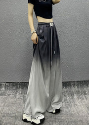 Unique Gradient Grey Pockets Drawstring Cotton Wide Leg Pants Fall