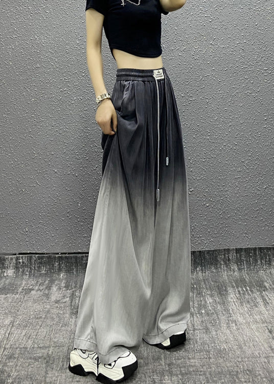 Unique Gradient Grey Pockets Drawstring Cotton Wide Leg Pants Spring