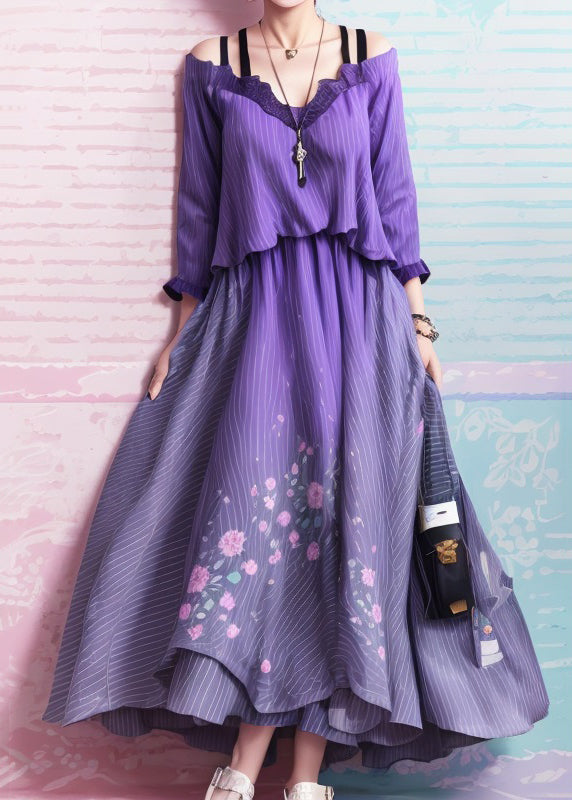 Unique Gradient Purple Cold Shoulder Print Silk Dress Summer