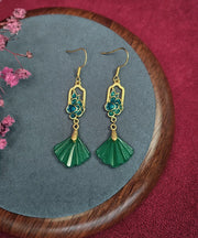 Unique Green Alloy Jade Shell Fan Shaped Tassel Drop Earrings