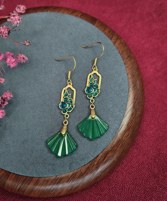 Unique Green Alloy Jade Shell Fan Shaped Tassel Drop Earrings