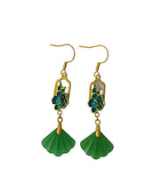 Unique Green Alloy Jade Shell Fan Shaped Tassel Drop Earrings