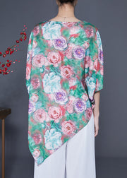 Unique Green Asymmetrical Floral Print Silk Tank Batwing Sleeve