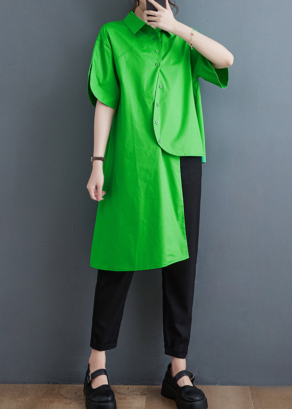 Unique Green Asymmetrical Low High Design Cotton Shirt Tops Summer