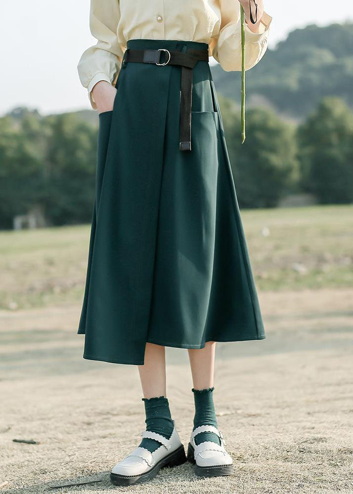 Unique Green Asymmetrical Pockets Cotton Skirt Summer