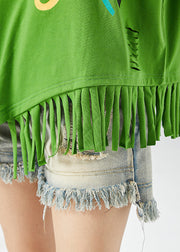 Unique Green Asymmetrical Tassel Print Cotton Ripped Tops Summer