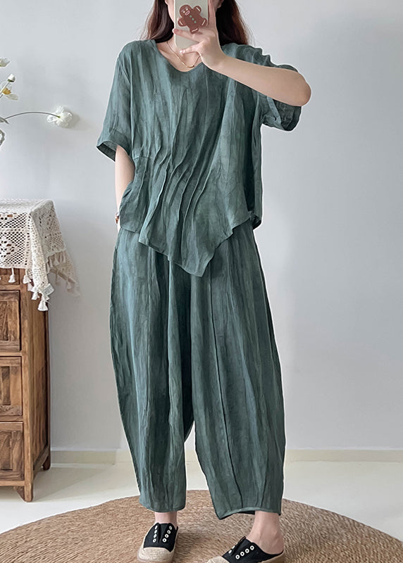 Unique Green Asymmetrical Wrinkled Tie Dye Linen Women Sets 2 Pieces Fall