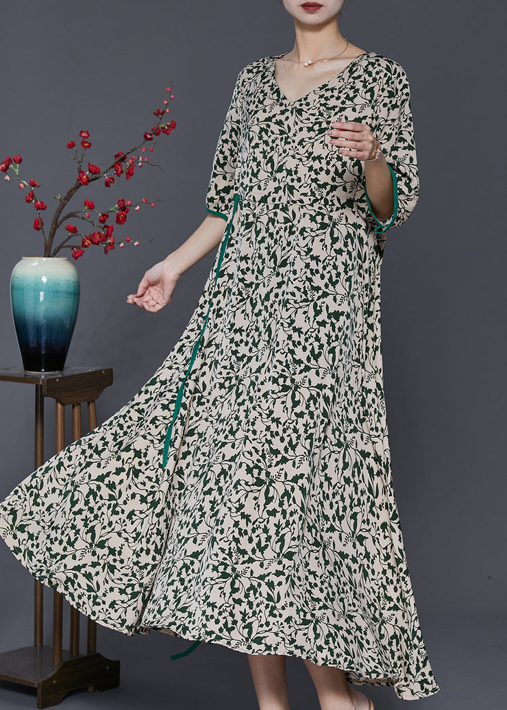 Unique Green Cinched Print Chiffon Long Dresses Summer