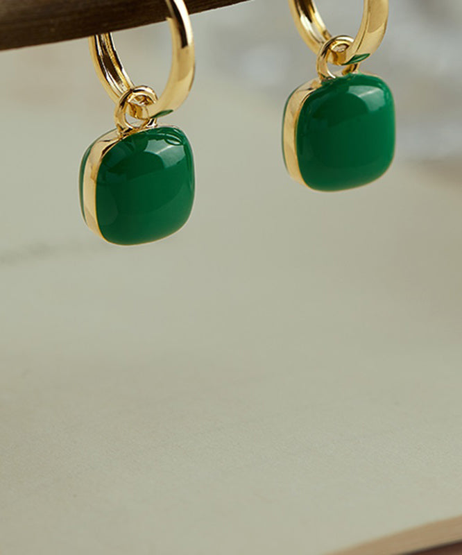 Unique Green Copper Overgild 18K Gem Stone Square Drop Earrings