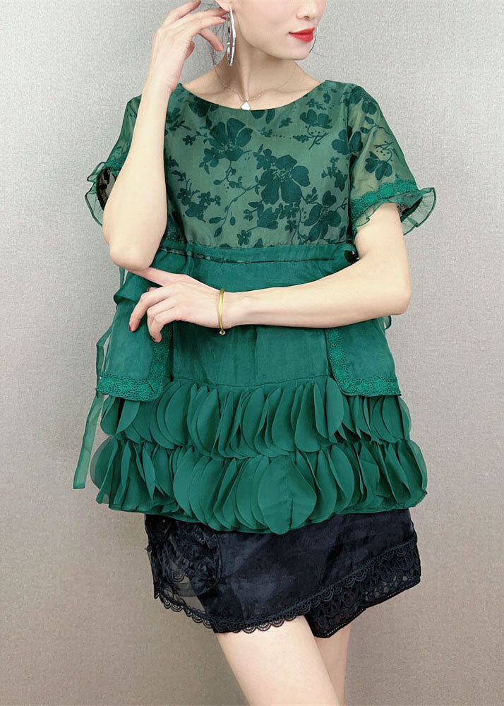 Unique Green Embroideried Decorated Patchwork Tulle Top Summer