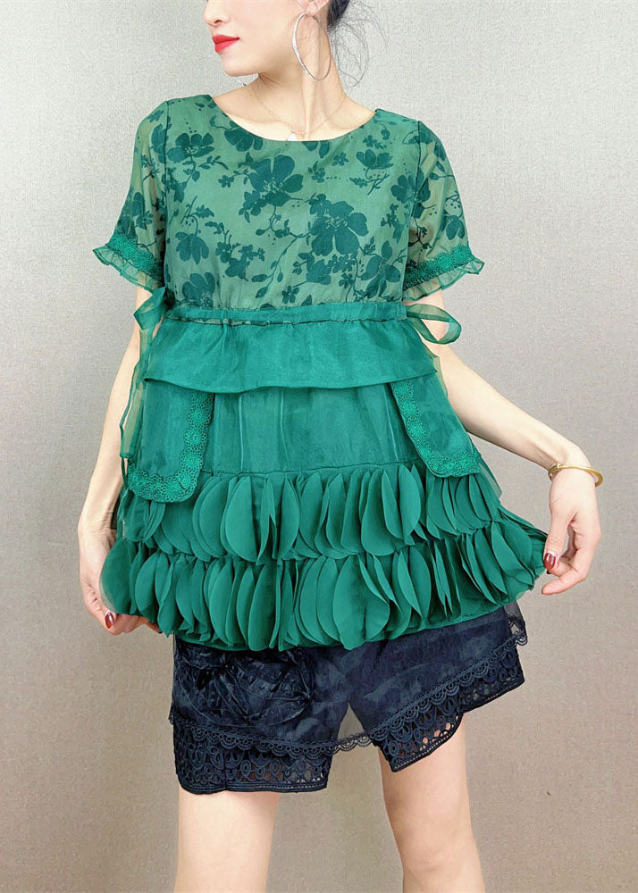 Unique Green Embroideried Decorated Patchwork Tulle Top Summer