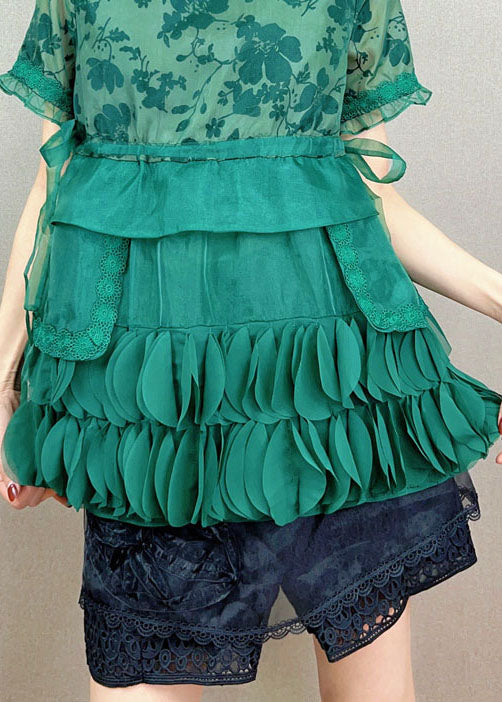 Unique Green Embroideried Decorated Patchwork Tulle Top Summer