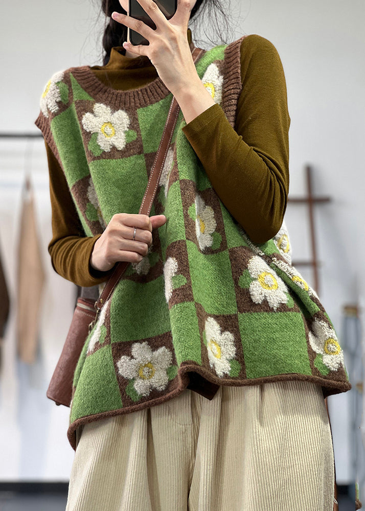 Unique Green Floral Jacquard Thick Knit Vest Tops Spring