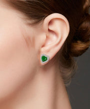 Unique Green Inlaid Gem Stone Zircon Love Stud Earrings