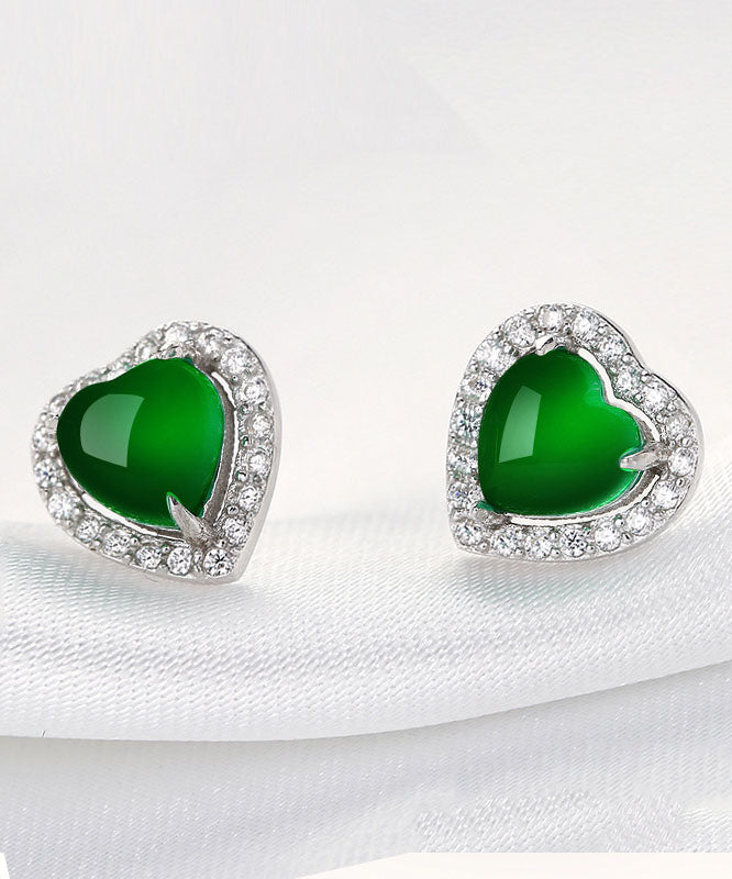 Unique Green Inlaid Gem Stone Zircon Love Stud Earrings