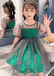 Unique Green O-Neck Dot Patchwork Tulle Girls Long Dress Summer