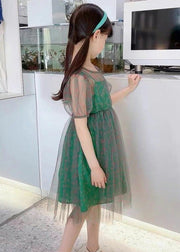 Unique Green O-Neck Dot Patchwork Tulle Girls Long Dress Summer