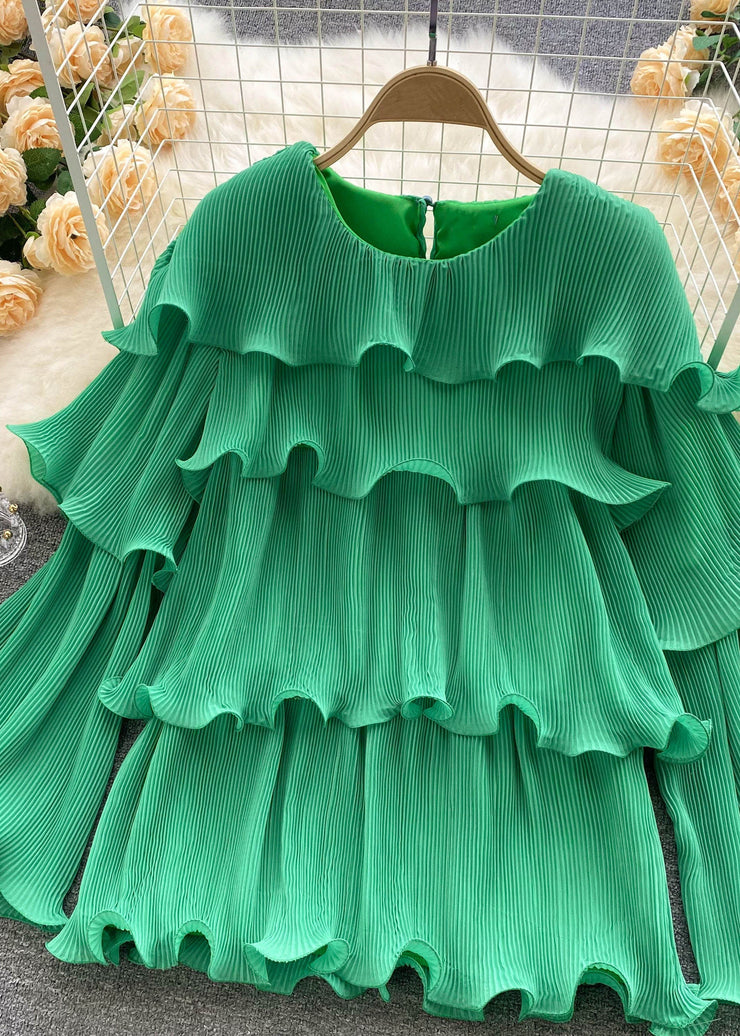 Unique Green O-Neck Ruffled Patchwork Chiffon Top Long Sleeve