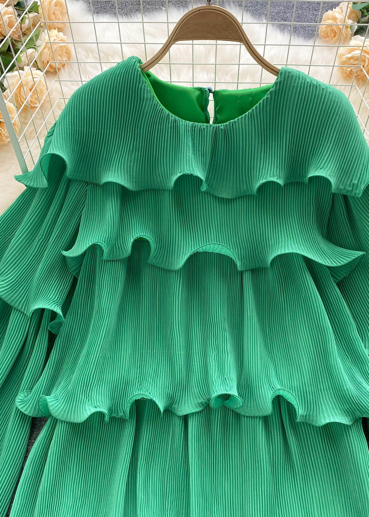 Unique Green O-Neck Ruffled Patchwork Chiffon Top Long Sleeve