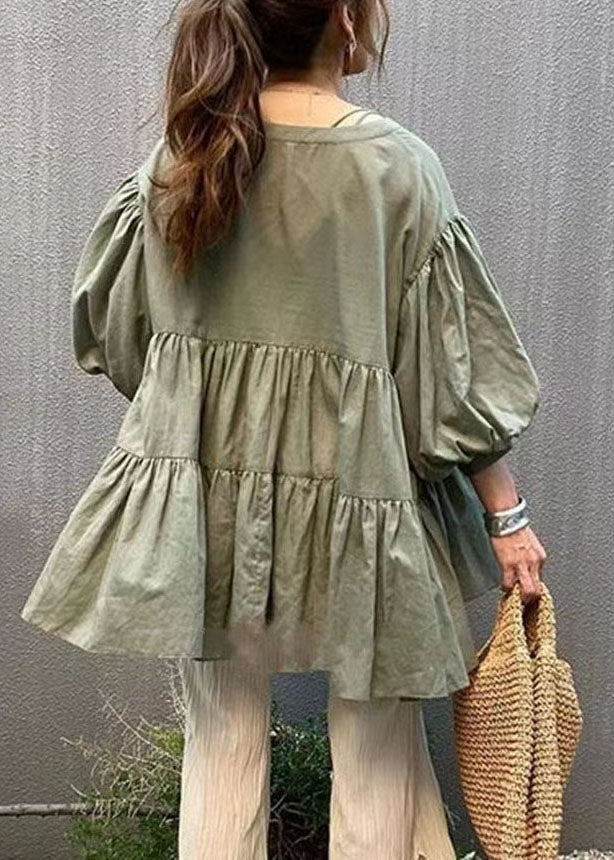 Unique Green O Neck Wrinkled Patchwork Chiffon Top Half Sleeve