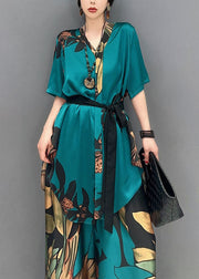 Unique Green Oversized Print Chiffon Women Sets 2 Pieces Summer