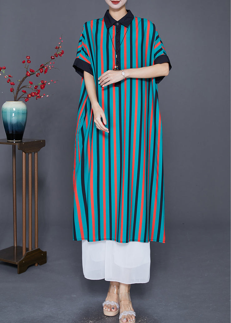 Unique Green Peter Pan Collar Striped Silk Shirt Dresses Summer