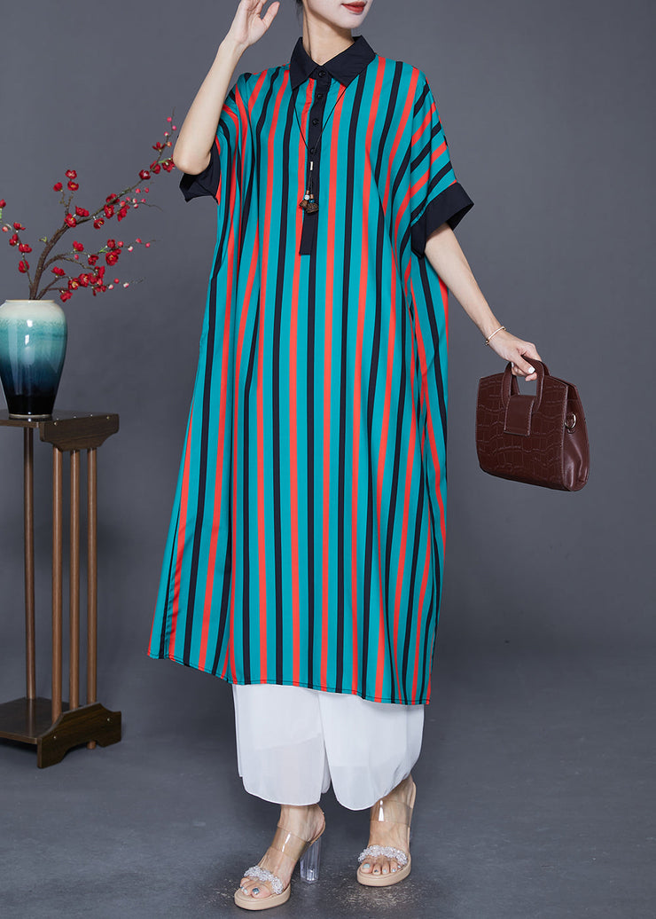 Unique Green Peter Pan Collar Striped Silk Shirt Dresses Summer