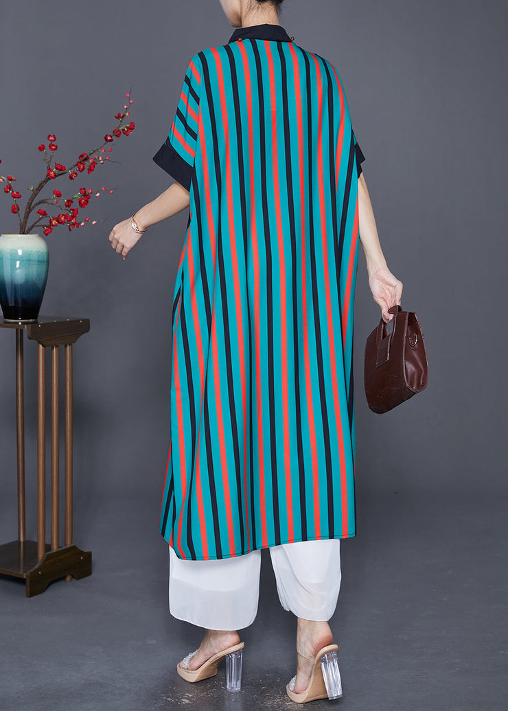 Unique Green Peter Pan Collar Striped Silk Shirt Dresses Summer